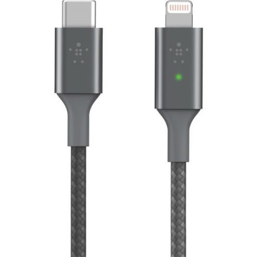 Belkin USB-C Smart LED kabel s lightning konektorem, 1,2m, stříbrný - odolný