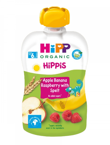 HiPP BIO Hippies Jablko, banán, maliny, celozrnné obiloviny 100g
