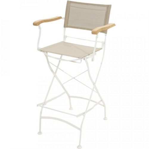Klasická skládací teaková barová židle s područkami a bílým kovovým rámem Venice - Kovový, Premium natural teak, Textilní Skládací - 100% FSC - Vietnam