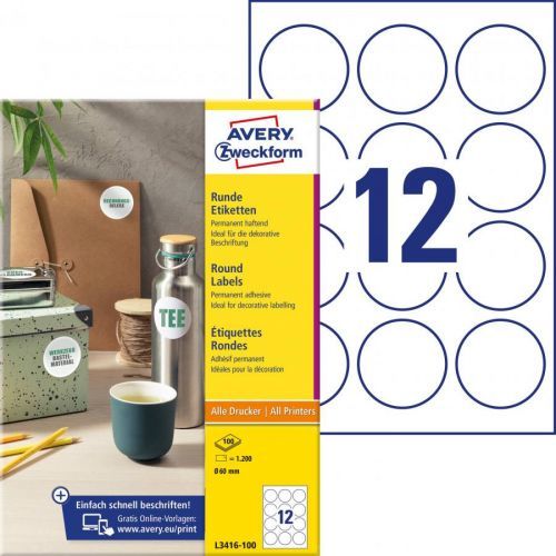 Avery-Zweckform L3416-100 etikety Ø 60 mm papír bílá 1200 ks permanentní univerzální etikety, popisovače etiket inkoust, laser, kopie 100 Sheet A4