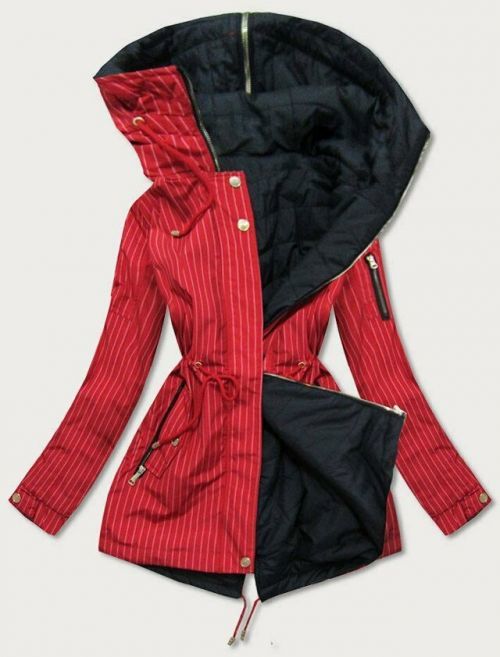 Červeno-černá oboustranná pruhovaná bunda s kapucí (W659) - S (36) - Červená