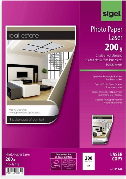 Fotopapír Sigel pro barevné laserové tiskárny/kopírky, oboustranný tisk, 200 g/m², A4, 200 LP344, A4, 200 listů