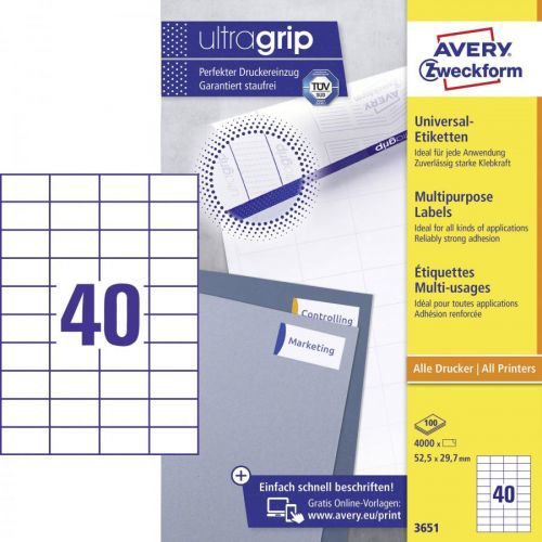 Avery-Zweckform 3651 etikety 52.5 x 29.7 mm papír bílá 4000 ks permanentní univerzální etikety inkoust, laser, kopie 100 Sheet A4