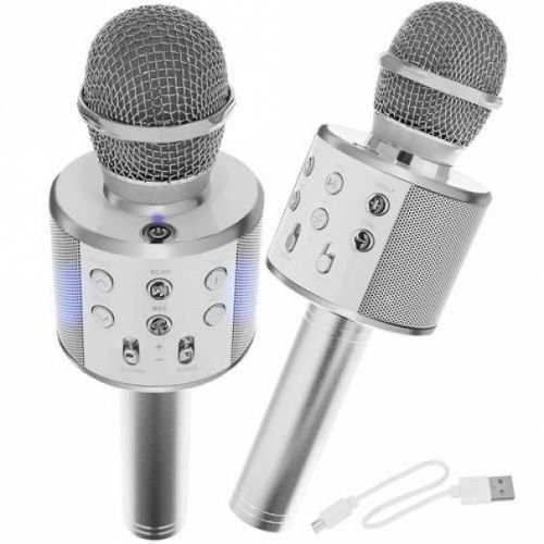Bezdrátový karaoke mikrofon s reproduktorem stříbrný - akce: mačkanými krabice - černá