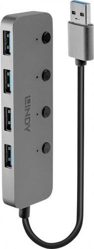 USB 3.0-hub LINDY 4 Port USB 3.0 Hub mit Ein-/Ausschaltern, 4 porty, lze spínat jednotlivě, 174 mm, šedá