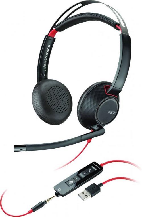 Telefonní headset s USB, jack 3,5 mm na kabel Plantronics Blackwire C5220 na uši černá, červená