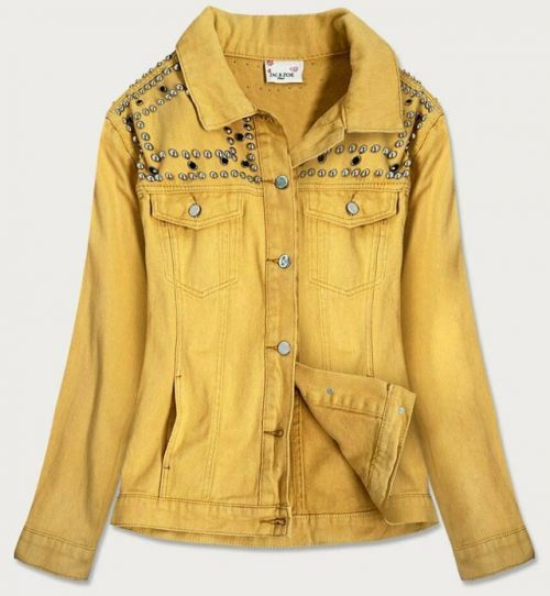 Žlutá dámská džínová bunda s ozdobnými kamínky a třásněmi (A8306) - S (36) - Žlutá