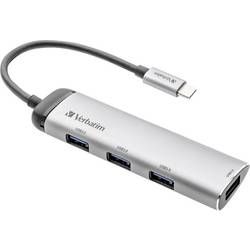 USB 3.0 hub Verbatim 4 porty, s konektorem USB C, LED ukazatel, 115 mm, šedá