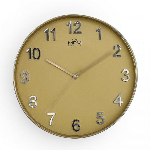 Nástěnné plastové hodiny MPM Golden Simplicity  jsou jednoduché hodiny v luxusních a jasných a blýskavých barvách s číslicemi v 3D provedení. U hodin jsou hlavním výrazným prvkem neje Nástěnné hodiny MPM Golden Simplicity