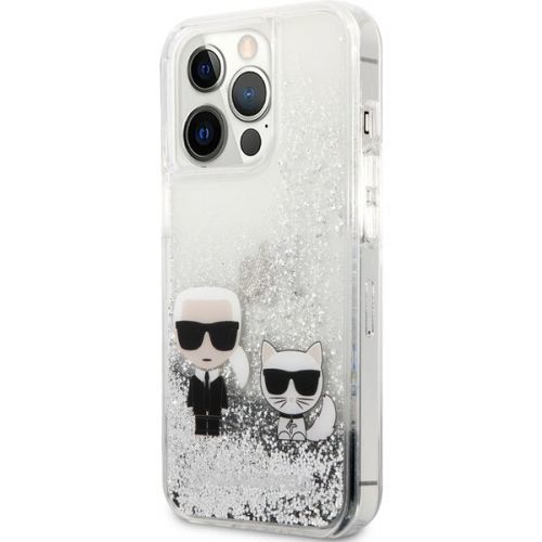 Karl Lagerfeld Liquid Glitter Karl and Choupette Cover iPhone 13 Pro stříbrný