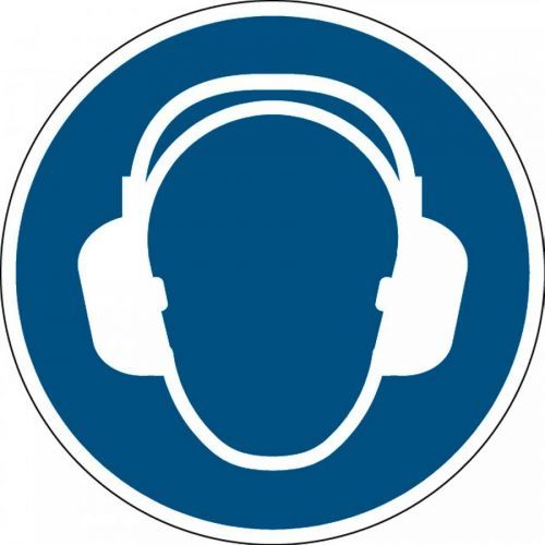 Používej chrániče sluchu - značka, PES, samolepicí, Ø 100 mm