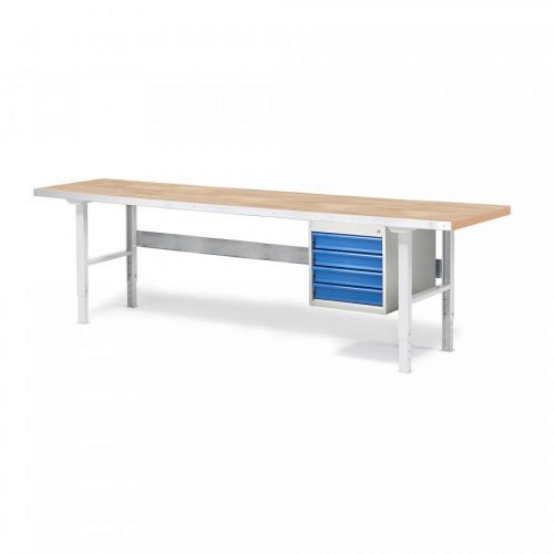 Dílenský stůl Solid, 750 kg, 2500x800 mm, dubový povrch, 4 zásuvky
