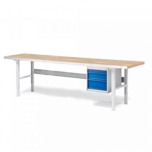 Dílenský stůl Solid, 750 kg, 2500x800 mm, dubový povrch, 3 zásuvky