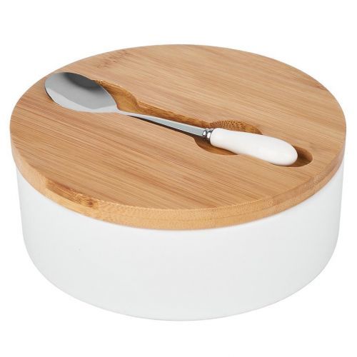 Keramická cukřenkas s dřevěným víčkem a lžička bílá