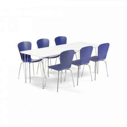 Jídelní set Zadie + Milla, 1 stůl a 6 modrých židlí
