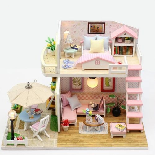 Dřevěný dvoupatrový domeček pro panenky s nábytkem Ikonka - BR7482