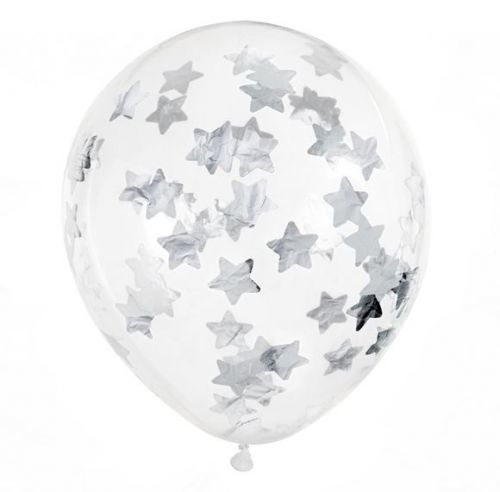 BALÓNKY latexové transparentní s konfetami stříbrné hvězdičky 30cm 6ks