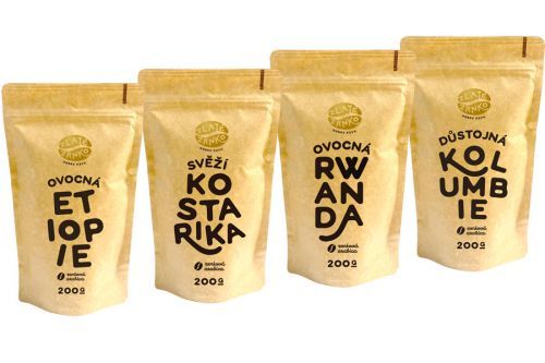 Káva Zlaté Zrnko - Poznej 4 kávy na ovocné espresso 800g (Etiópie, Kostarika, Rwanda, Kolumbie) MLETÁ: Mletí na moku, filtr, aeropress, frenchpress (h