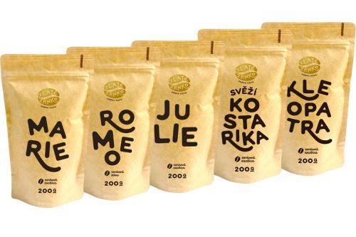 Káva Zlaté Zrnko - Poznej 5 káv na moku 1000g (Marie, Romeo, Julie, Kostarika, Kleopatra) MLETÁ: Mletí na espresso a zalévání (jemné)