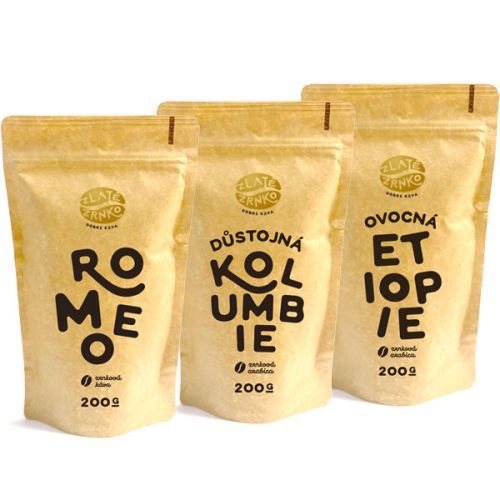 Káva Zlaté Zrnko - Poznej 3 kávy na moku 600g (Romeo, Kolumbie, Etiopie) MLETÁ: Mletí na moku, filtr, aeropress, frenchpress (hrubé)