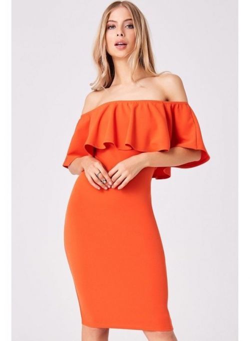 Oranžové midi šaty s volánem