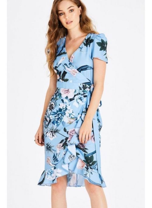Modré zavinovací šaty s květinovým motivem