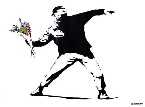 CLOSE UP Plakát, Obraz - Banksy street art - graffiti throwing flowers, (59 x 42 cm)