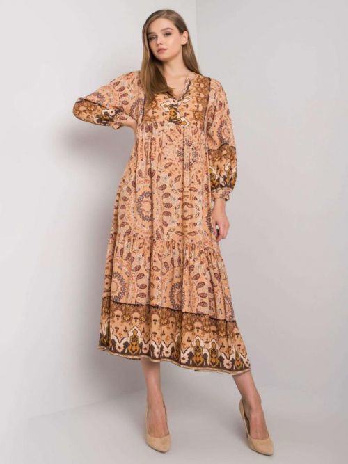 BÉŽOVÉ DÁMSKÉ HNĚDÉ MAXI VZOROVANÉ ŠATY TW-SK-BI-H3787.40X-BEIGE Velikost: ONE SIZE