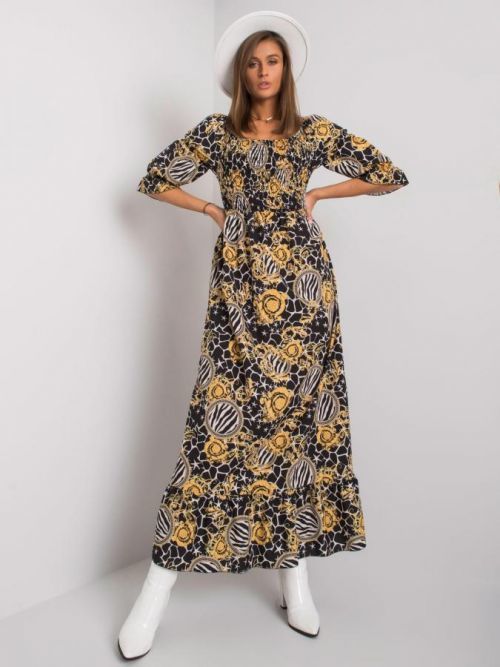 ČERNO-ŽLUTÉ VZOROVANÉ MAXI ŠATY -DHJ-SK-13965-1.61P-BLACK-YELLOW Velikost: ONE SIZE