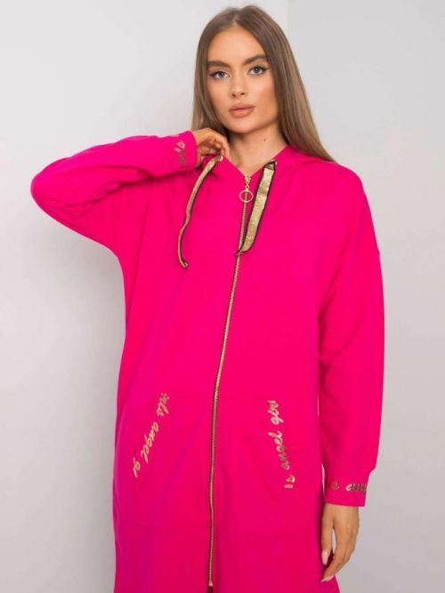FUCHSIOVÁ DLOUHÁ MIKINA NA ZIP S KAPUCÍ A NÁPISY RV-BL-6782.91-FUCHSIA PINK Velikost: S/M