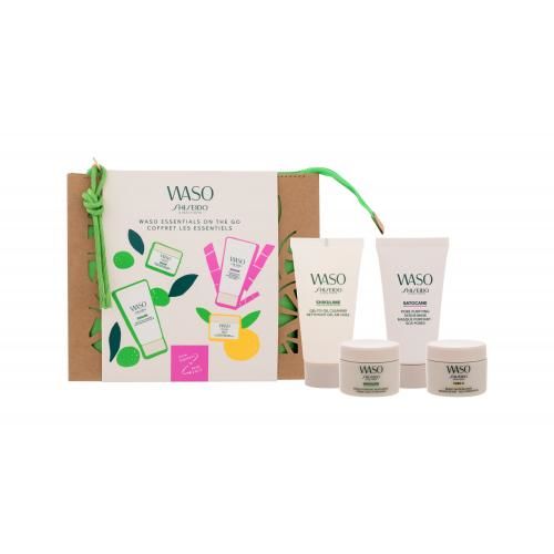 Shiseido Waso Essentials On The Go dárková kazeta pro ženy pleťový krém Waso Shikulime 15 ml + čisticí pleťový gel Waso Shikulime 30 ml + noční pleťová maska Waso Yuzu-C 15 ml + exfoliační maska Waso Satocane 30 ml + kosmetická taštička