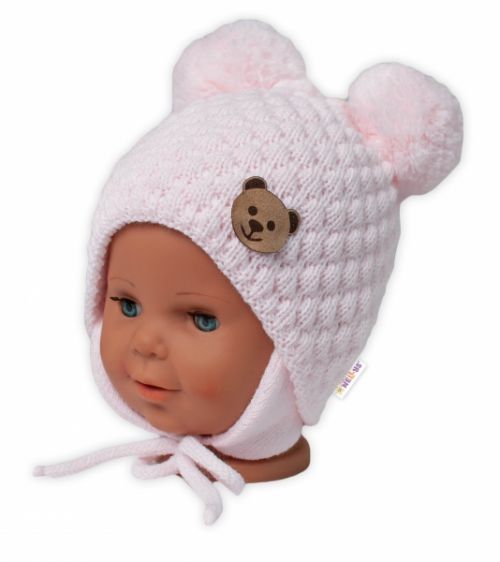 Baby Nellys BABY NELLYS Zimní pletená čepice Teddy Bear na zavazování, růžová 56-68 (0-6 m)