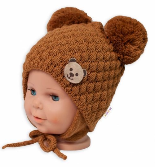 Baby Nellys BABY NELLYS Zimní pletená čepice Teddy Bear na zavazování, hnědá 56-68 (0-6 m)