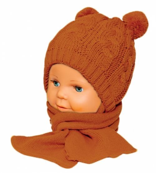 Baby Nellys BABY NELLYS Zimní pletená kojenecká čepička s šálou TEDDY - hnědá s bambulkami, vel. 62/68 62-68 (3-6m)