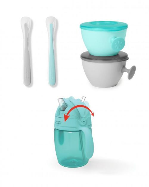 SKIP HOP Set jídelní s hrnkem 5 ks Easy-Feed Mealtime Set Teal / Grey 6m +