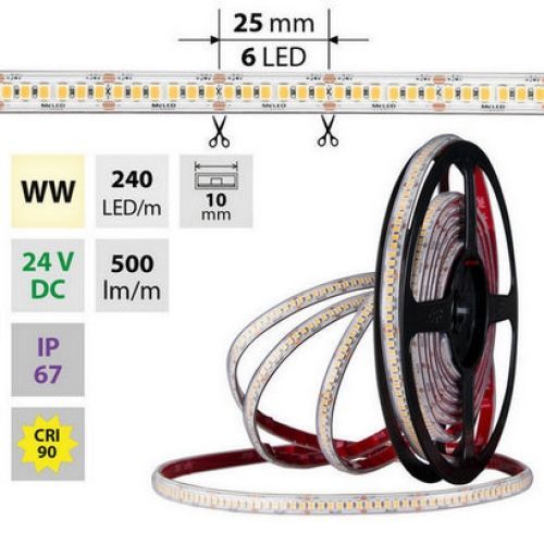 LED pásek McLED 24V teplá bílá CRI90 š=10mm IP67 6W/m 240LED/m SMD2835 ML-126.034.90.2