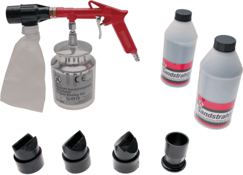 Pneumatická pískovací pistole, se sadou trysek a baleními tryskacího prostředku