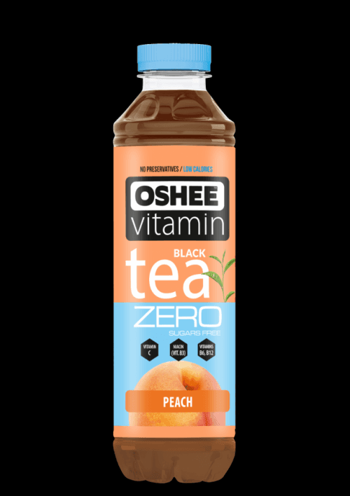 OSHEE Vitamin Black Tea Zero 555 ml, nesycený čajový nápoj bez kalorií s vitaminy, Peach