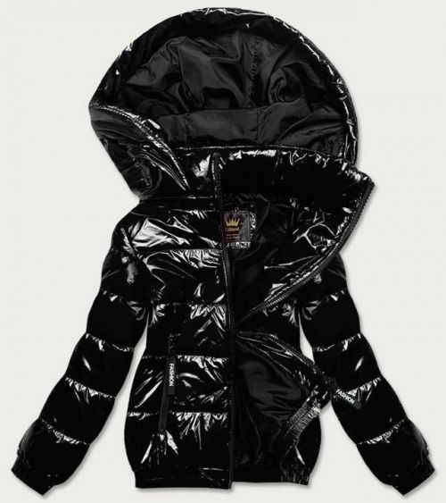 Lesklá černá dámská bunda se stahovacím lemem (LD7250BIG) - 46 - černá