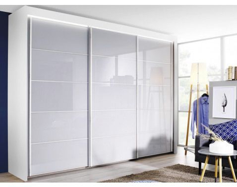 Šatní skříň s osvětlením Imperial, 300 cm, bílá/bílé sklo