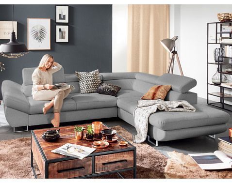 Rohová sedací souprava Fabio, světle šedá látka, pravý roh
