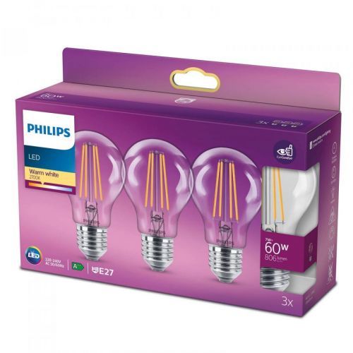Philips LED Classic E27 A60 7W 827 čirá 3ks, E27, 7W, P: 10.6 cm