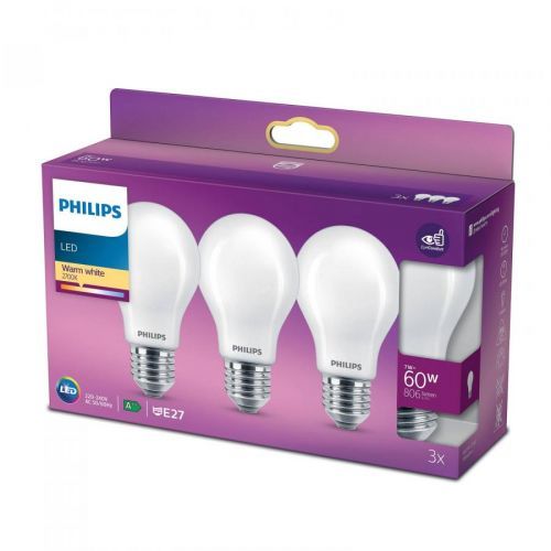 Philips LED žárovka Classic E27 A60 7W 827 mat 3ks, E27, 7W, P: 11 cm