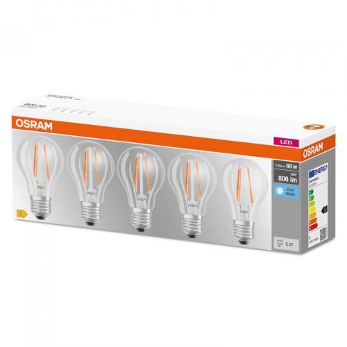 OSRAM LED žárovka E27 Base CL A 7W 4.000K čirá 5ks, E27, 7W, Energetická třída: E, P: 10.5 cm