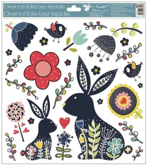 Anděl Okenní fólie - modrý zajíc, žlutá slepice s dekorem - 30 x 33,5 cm - 997