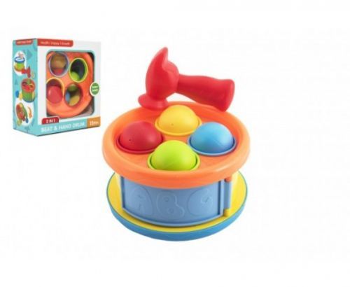 Zatloukačka/Bubínek 17cm 2v1 plast s kladívkem s míčky 4ks 2 barvy v krabici 18x20x10cm 12m+