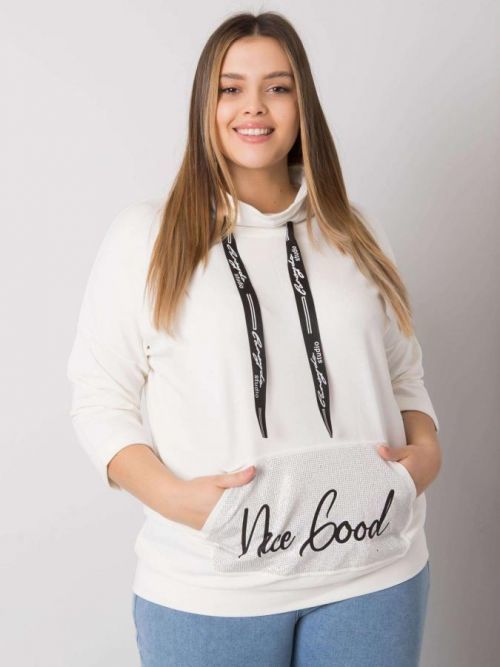 SMETANOVÁ MIKINA CRYSTAL S NÁPISY NA ŠŇŮRKÁCH A ZDOBENOU KLOKANÍ KAPSOU 