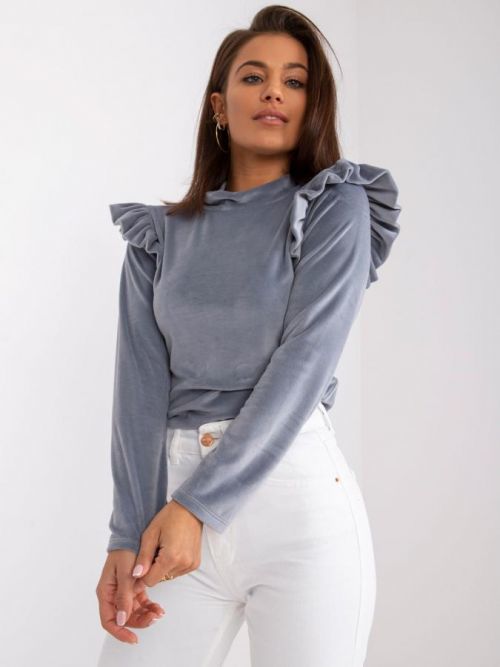 ŠEDÉ DÁMSKÉ VELUROVÉ TRIČKO S VOLÁNKY DHJ-BZ-6533B.85-GRAY Velikost: ONE SIZE