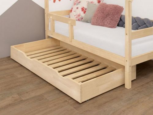 Benlemi Sada: Patrová postel ULURU s dřevěným úložným šuplíkem BUDDY na kolečkách Zvoľte farbu: Přírodní dekor bez laku, Variant: S roštem