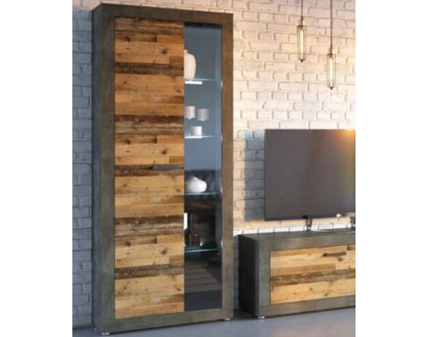 Vysoká vitrínová skříňka Kassel, vintage optika kovu/dřeva